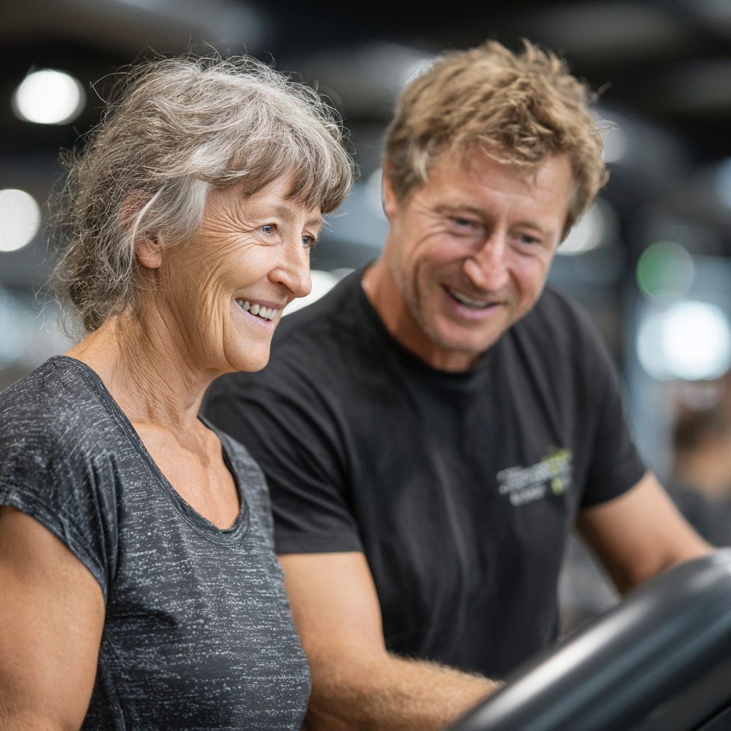 Antrenor personal lucrând cu un client de 52 de ani, oferind îndrumare și motivație în sala de fitness
